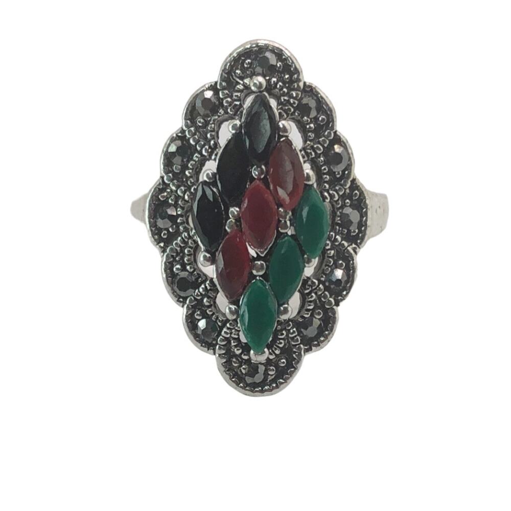 Silver and Multicolor Rhinestone Statement Ring - Size 7.5 - Picture 3 of 7